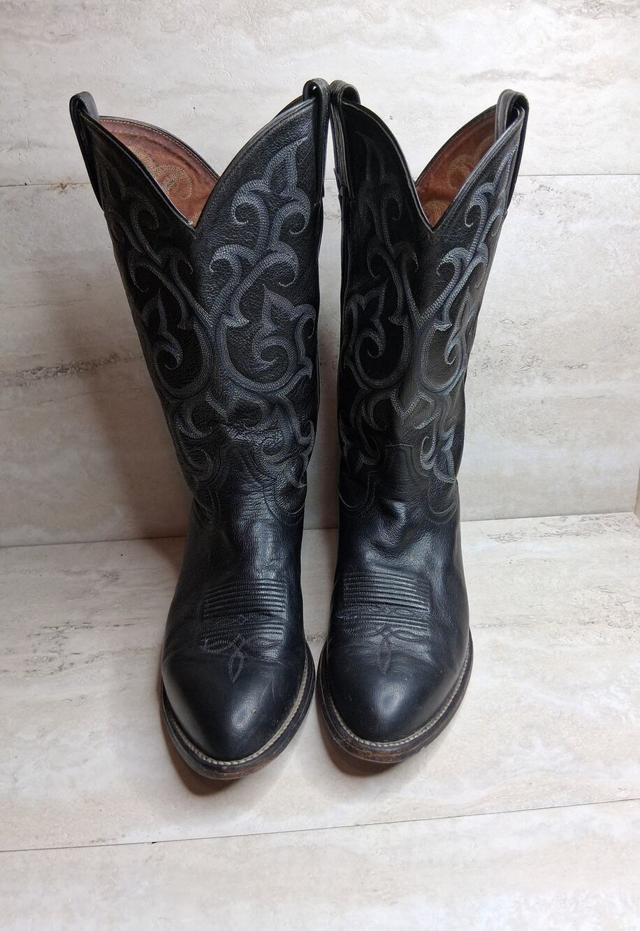 Vintage Tony Lama Black Cowboy Western Boots CZ840 Size 9.5 EE Gray Stitching